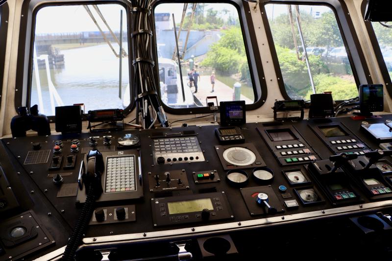 The bridge of the U.S. Coast Guard cutter Heron. The pilot boat Brandywine is moored just ahead of it at 1812 Memorial Park.